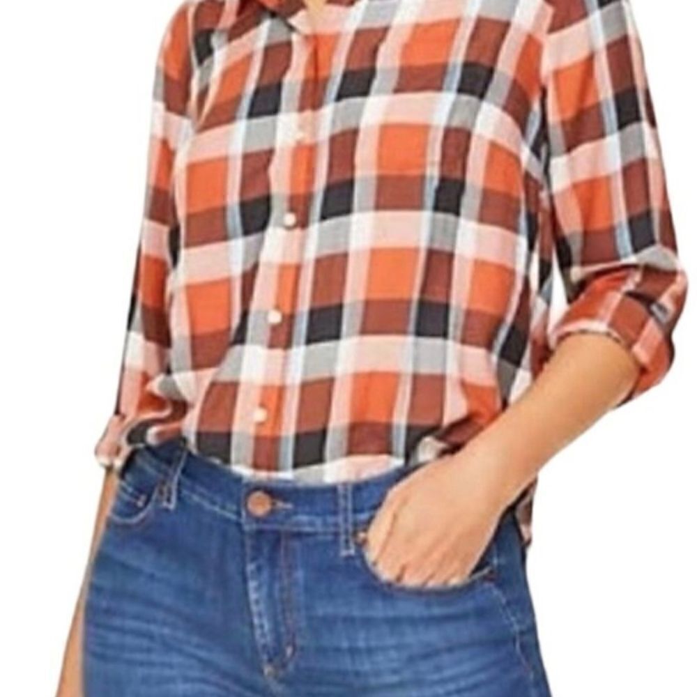 LOFT Women SZ XS Orange/Brown Checked Button Up Shirt Blouse -Lightweight-Casual